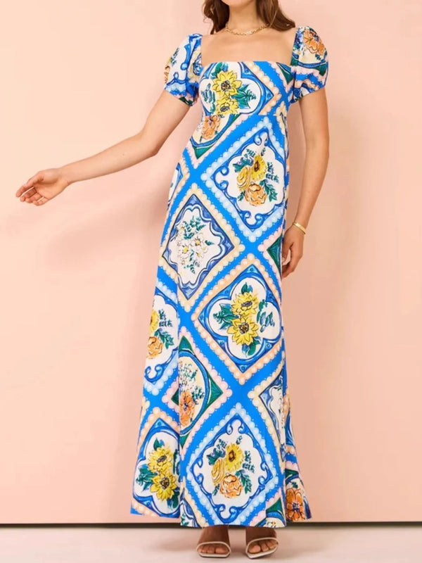 Ludowika Printed Square Neck Puff Sleeve Maxi Dress