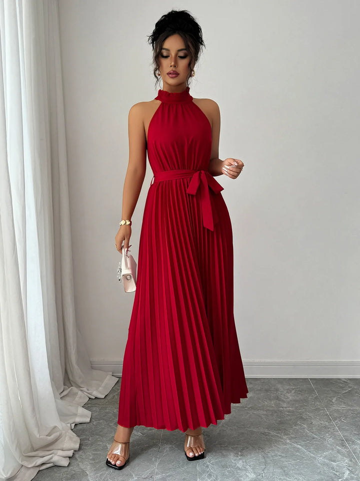 Ludowika Pleated Halter Neck Tie Waist Maxi Dress