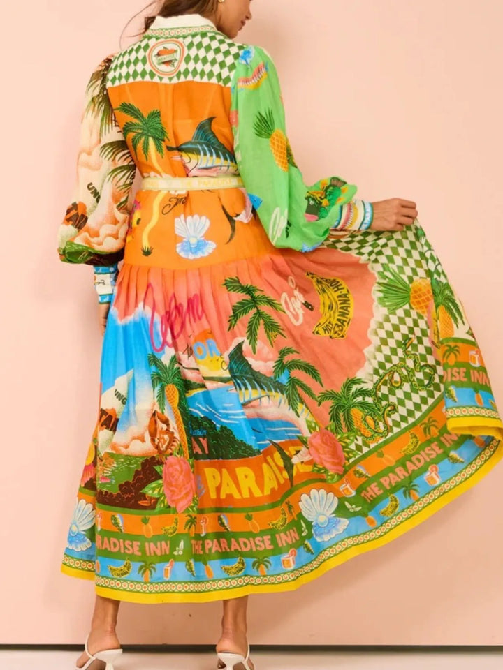 Ludowika Printed Lantern Sleeve Midi Shirt Dress