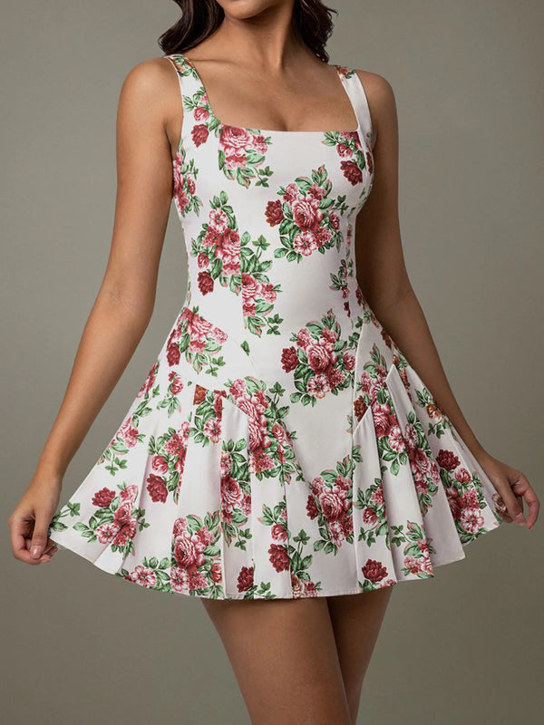 Ludowika Pleated Floral Print Square Neck Mini Dress