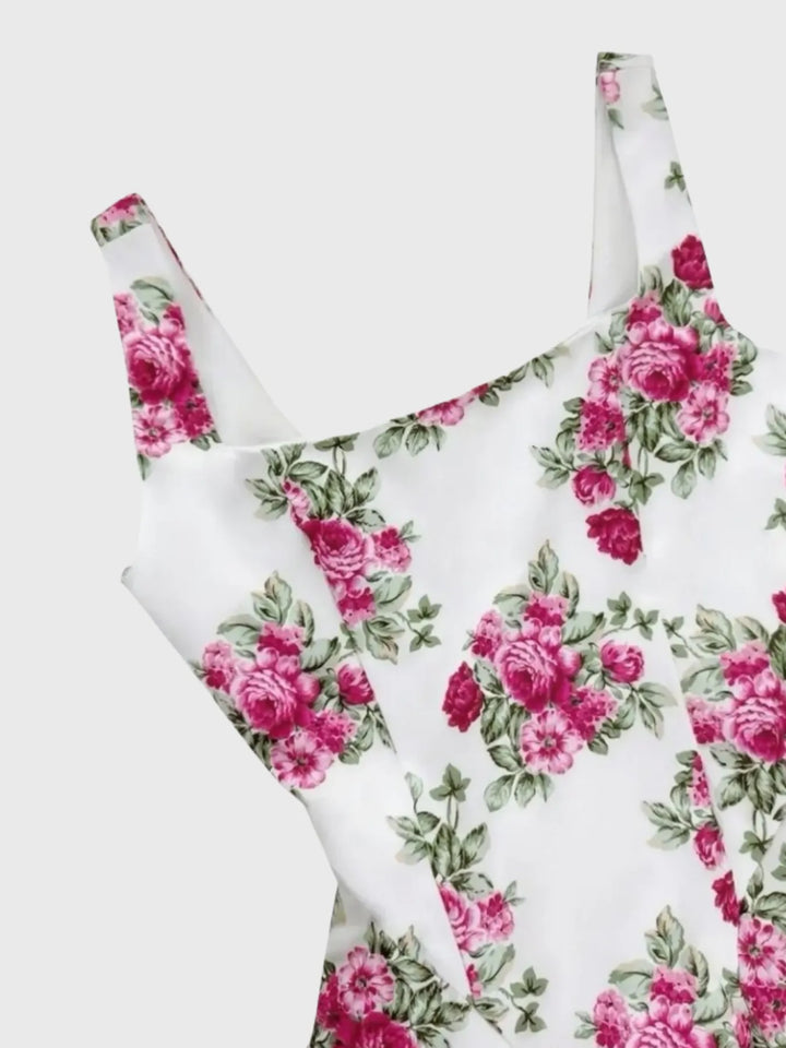 Ludowika Pleated Floral Print Square Neck Mini Dress