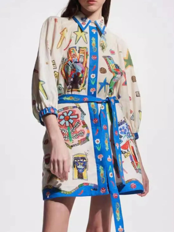 Ludowika Printed Tie Waist Mini Shirt Dress