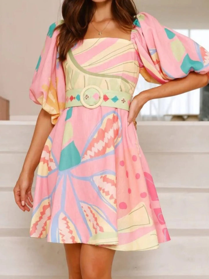 Ludowika Colorful Print Belted Mini Dress with Puff Sleeves