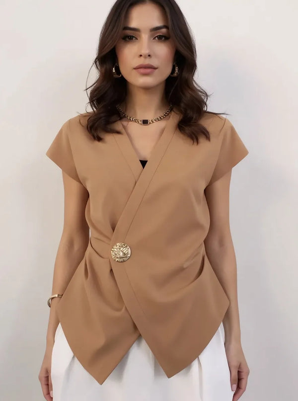 Ludowika Plus Size Wrap Front Blouse with Decorative Button Detail