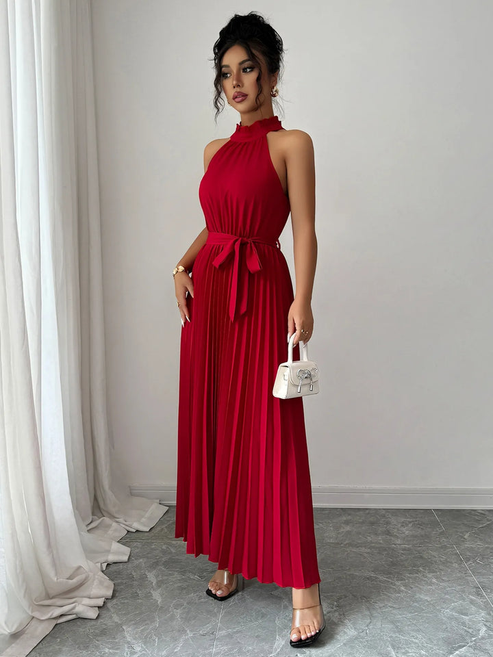 Ludowika Pleated Halter Neck Tie Waist Maxi Dress