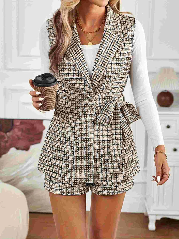 Ludowika Tied Plaid Collared Neck Vest and Shorts Set