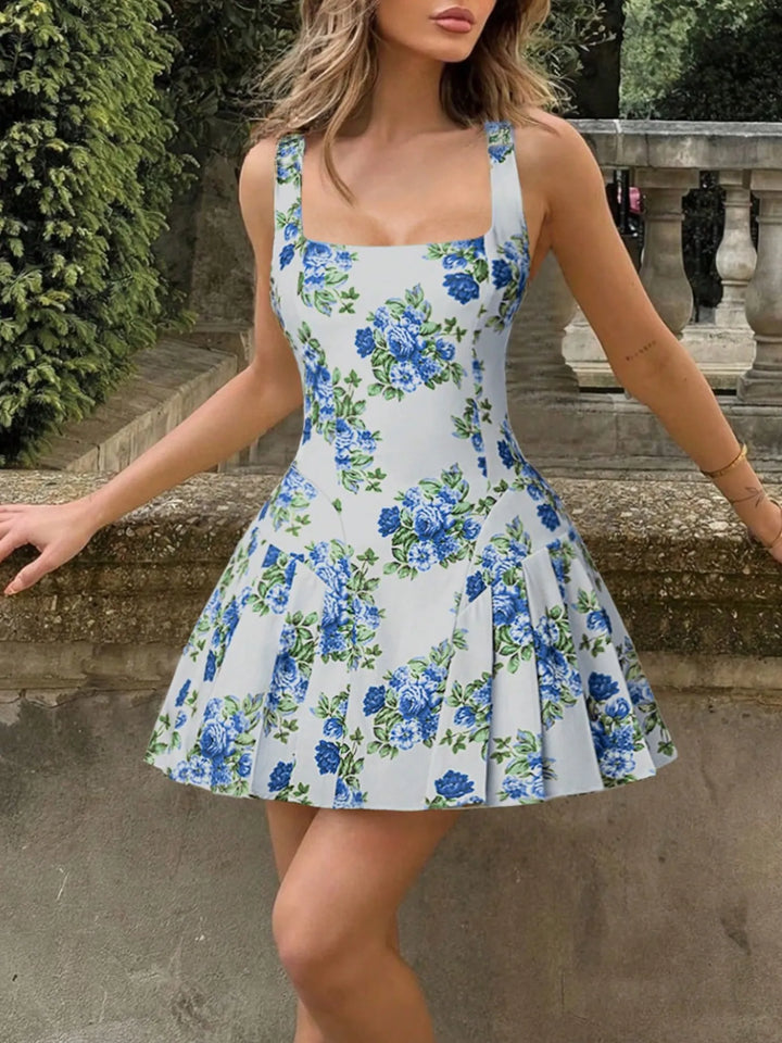 Ludowika Pleated Floral Print Square Neck Mini Dress