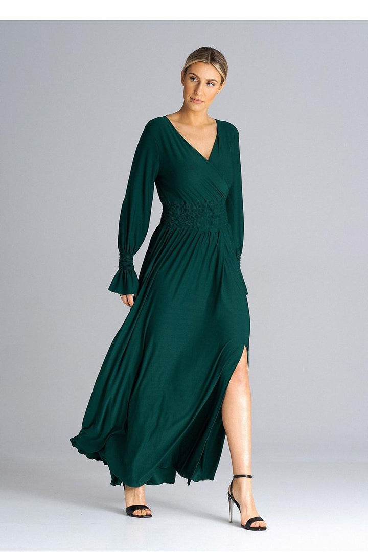 A chic maxi dress with buffet sleeves, an overlapped neckline, crinkled waist, and a side slit for a sophisticated and stylish look






