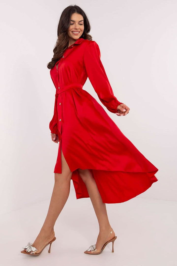 Elegant Asymmetrical Shirt Dress with Tie Belt and Puff Sleeves

