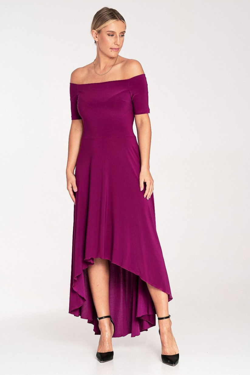 This striking asymmetrical dress features a chic strapless design with a fitted waist, creating a flattering silhouette. The back of the dress reaches maxi length, while the front is cut to knee-length, offering a bold and modern contrast. The bottom is loose and flared, adding movement and a touch of elegance. Zippered at the back for a smooth, secure fit, this dress is perfect for making a statement at special events or formal occasions.


