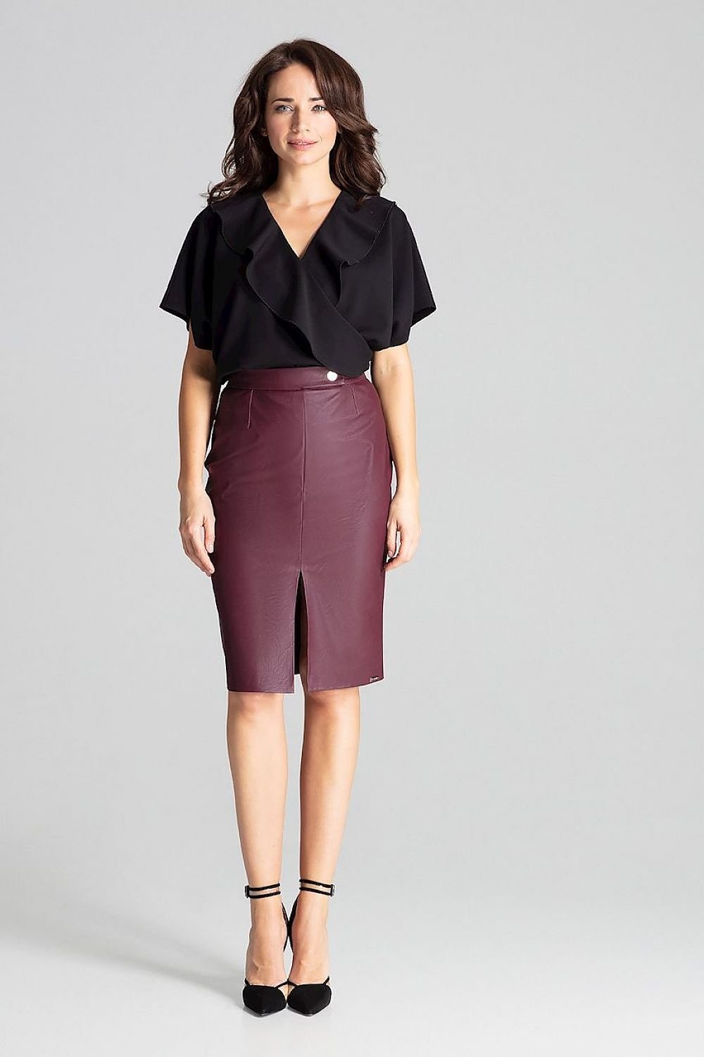 Black Eco-Leather Midi Pencil Skirt with Front Decorative Clasp and Slit

