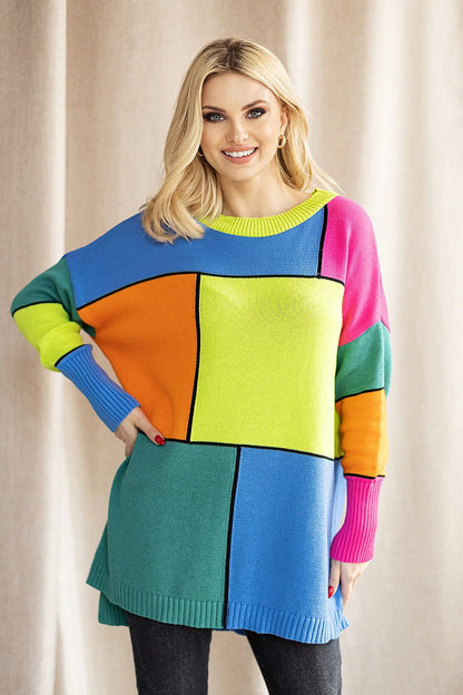 Loose-fitting sweater featuring vibrant colorful blocks, long sleeves, and a slightly extended back, perfect for a cozy and stylish look.