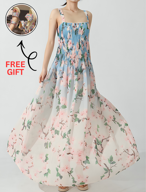 Floral Print Pleated Maxi Dress Featuring Soft Pleats and Blooming Beauty