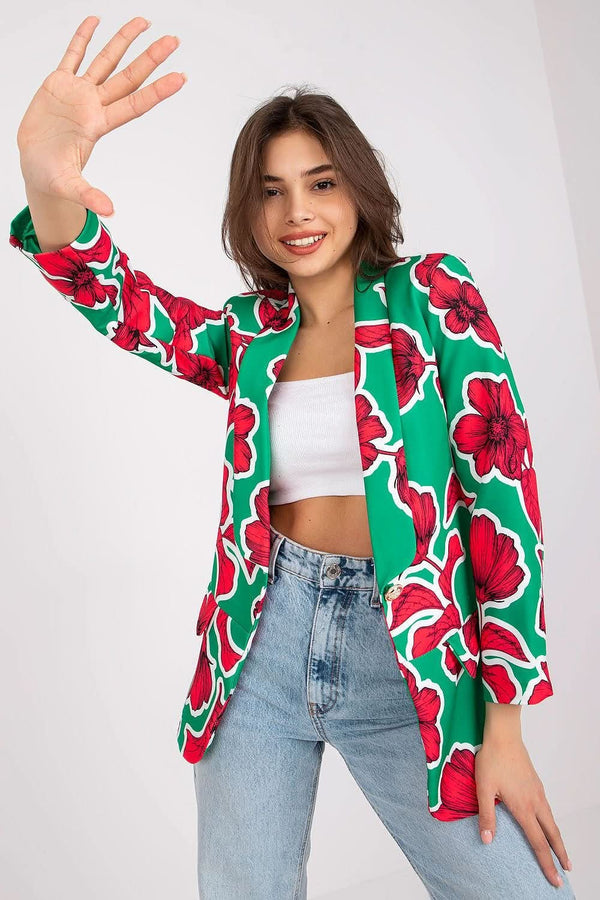 A stylish floral-pattern jacket with a classic cut, featuring a button closure and comfortable lining, ideal for everyday wear and special occasions.