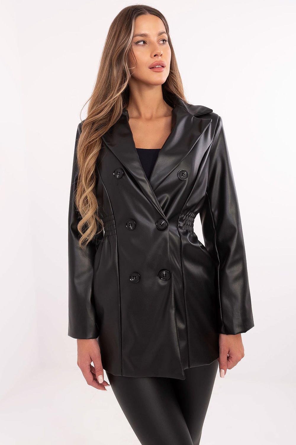 A sophisticated women's eco-leather jacket made from a durable blend of polyester and polyurethane. Featuring wide lapels, sewn-in shoulder pads, a double-breasted button fastening, and decorative waist creases, this standard-length blazer combines elegance with a feminine, structured silhouette. Lined for comfort, it is perfect for fall, winter, and spring, offering versatile styling options for both casual and formal occasions.






