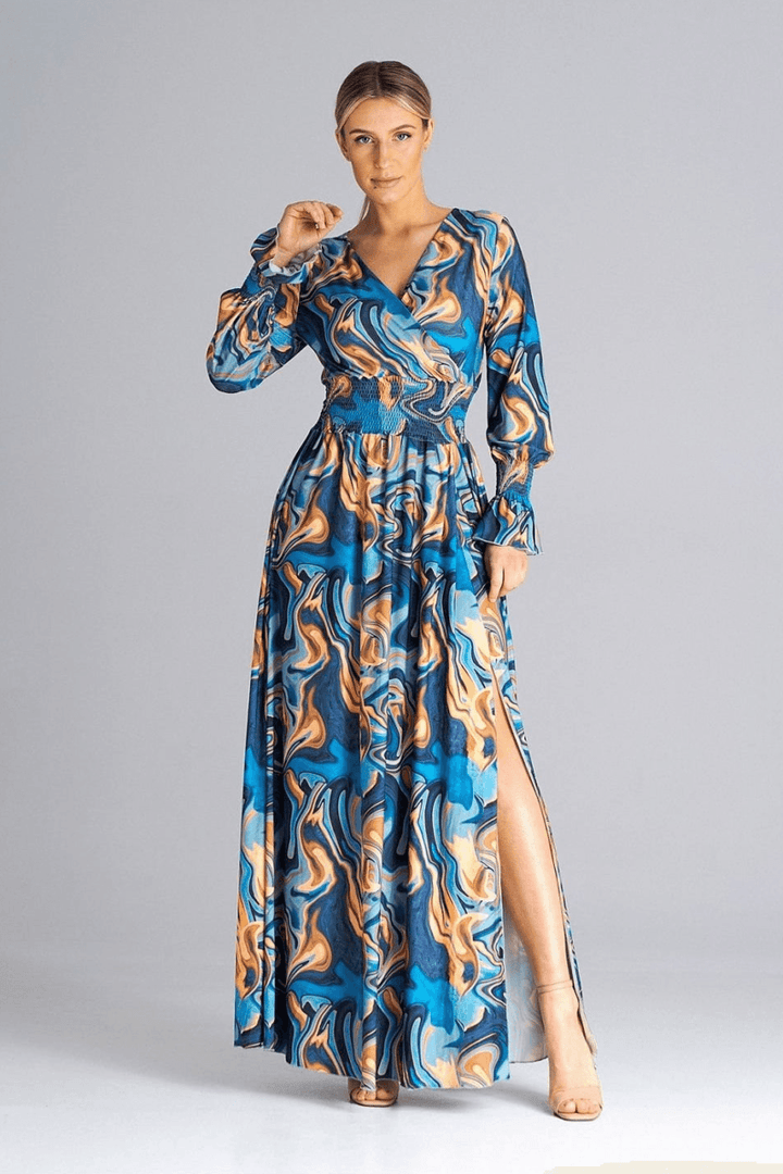 A chic maxi dress with buffet sleeves, an overlapped neckline, crinkled waist, and a side slit for a sophisticated and stylish look






