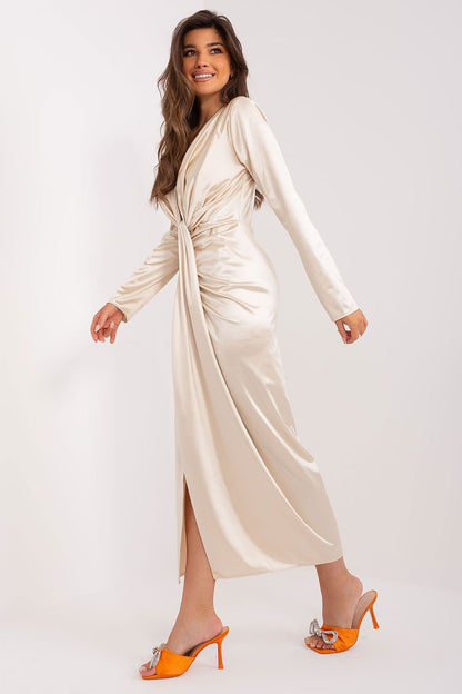 Elegant Evening Dress with Deep Neckline, Long Sleeves, and Front Creases