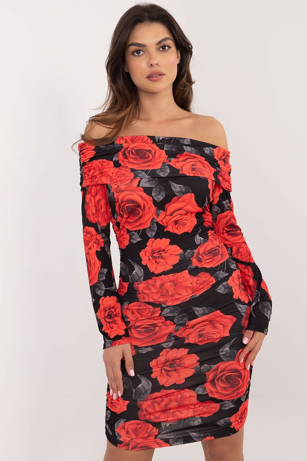 Elegant Floral Pencil Dress with Spanish Neckline and Decorative Creases

