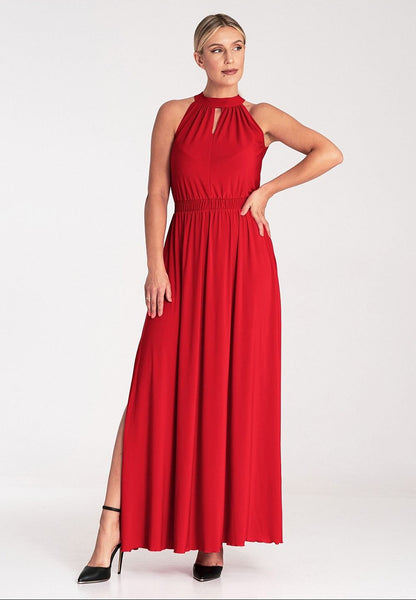 A sleeveless maxi dress featuring a pearl clasp at the back, ruffled top with a V-neckline, elastic waistband for comfort, and stylish side slits for added elegance.






