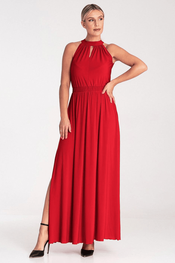A sleeveless maxi dress featuring a pearl clasp at the back, ruffled top with a V-neckline, elastic waistband for comfort, and stylish side slits for added elegance.







