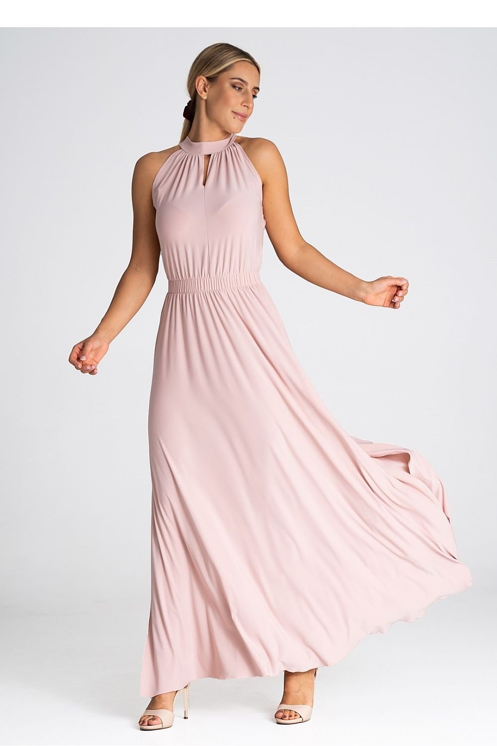 A sleeveless maxi dress featuring a pearl clasp at the back, ruffled top with a V-neckline, elastic waistband for comfort, and stylish side slits for added elegance.






