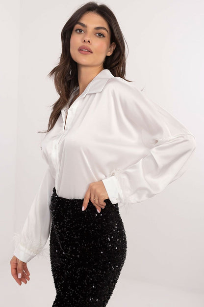 Elegant Women's Shirt with Feather-Decorated Sleeves and Classic Cut

