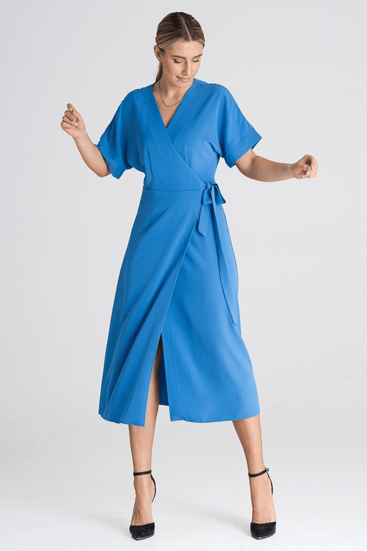 Elegant dress featuring short kimono sleeves with cuffs, an envelope front, and a waist tie, perfect for everyday wear and special occasions.