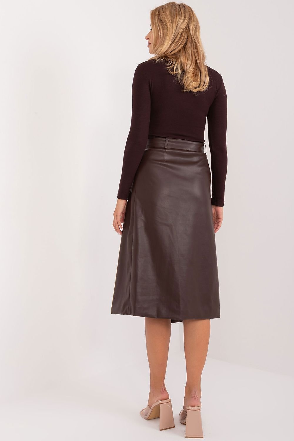 Envelope-Front Eco-Leather Midi Skirt with Buckled Belt and Patch Pocket

