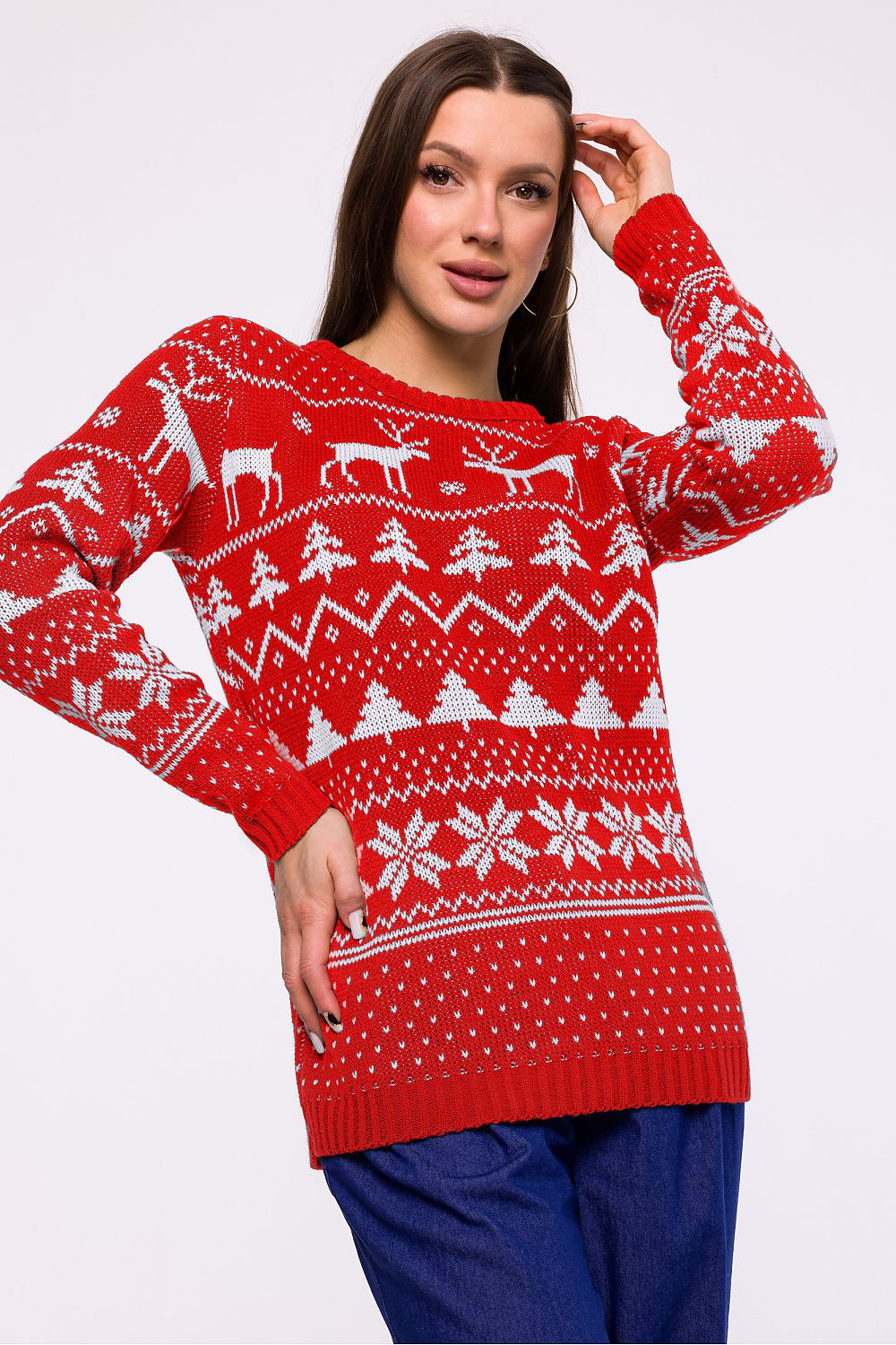  Cozy holiday sweater made from soft acrylic yarn, featuring a classic neckline, long cuffed sleeves, and a festive holiday pattern, perfect for winter occasions. Designed and crafted in Poland for exceptional quality and comfort.