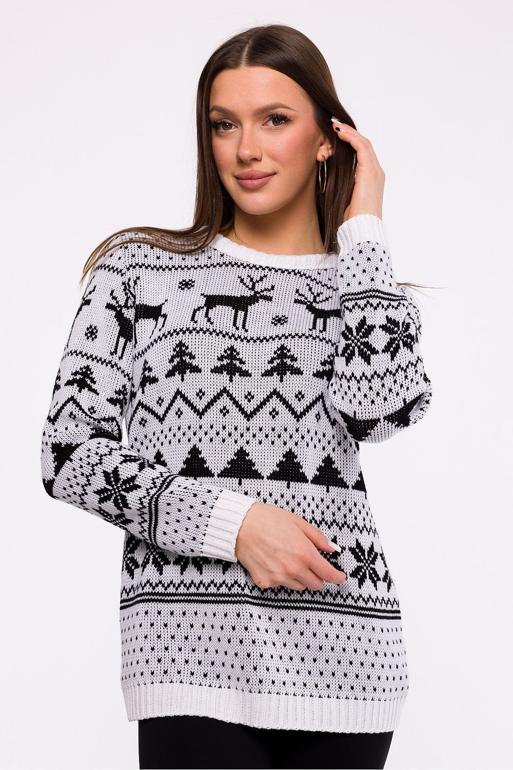  Cozy holiday sweater made from soft acrylic yarn, featuring a classic neckline, long cuffed sleeves, and a festive holiday pattern, perfect for winter occasions. Designed and crafted in Poland for exceptional quality and comfort.