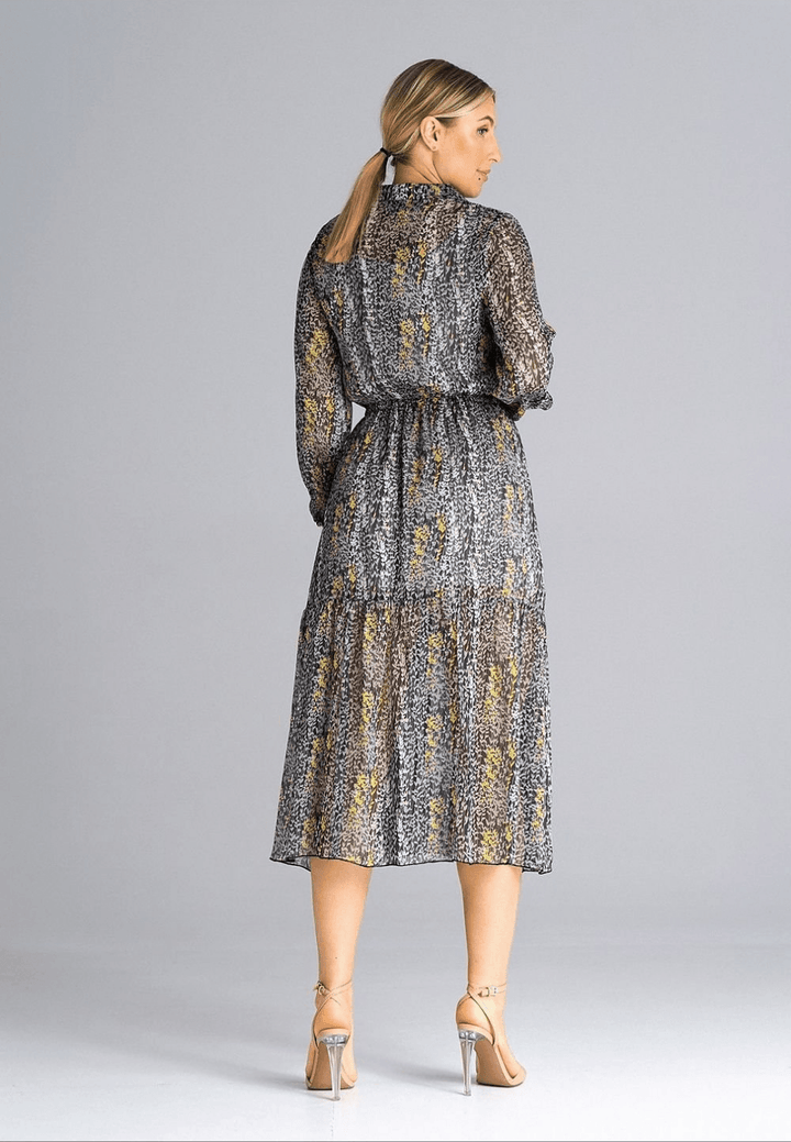 Flared Midi Dress with Long Crinkled Sleeves and Ruffle Hem - Ludowika 