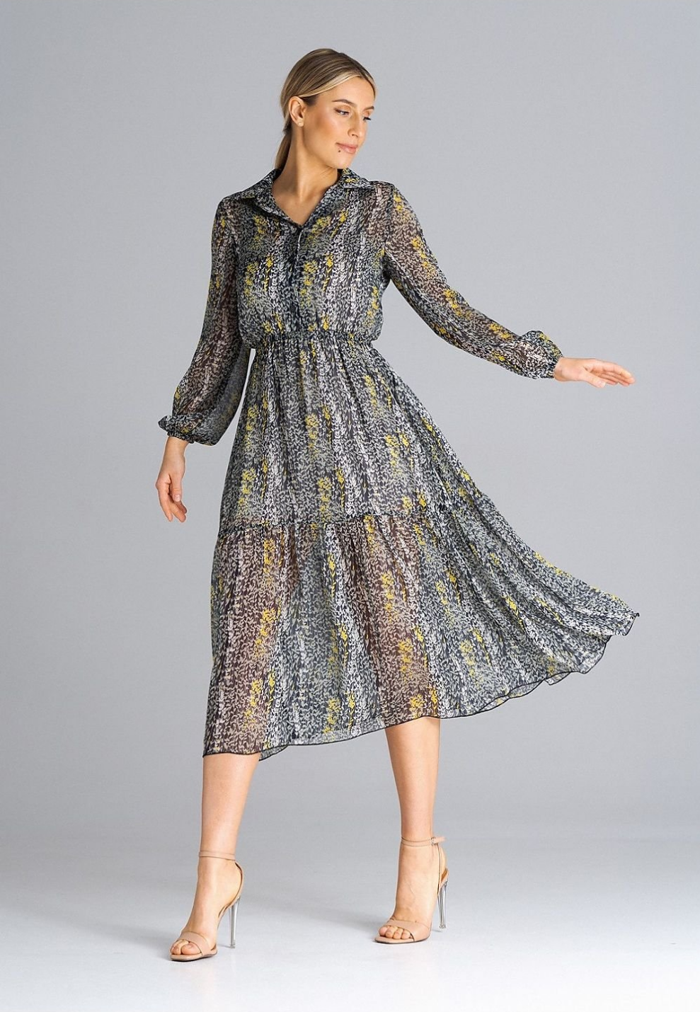 Flared Midi Dress with Long Crinkled Sleeves and Ruffle Hem