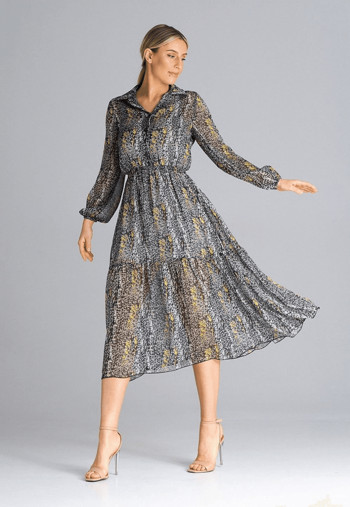 Flared Midi Dress with Long Crinkled Sleeves and Ruffle Hem - Ludowika 