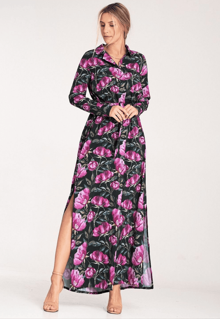 Floral Button-Up Maxi Dress with Collar and Long Sleeves - Ludowika 