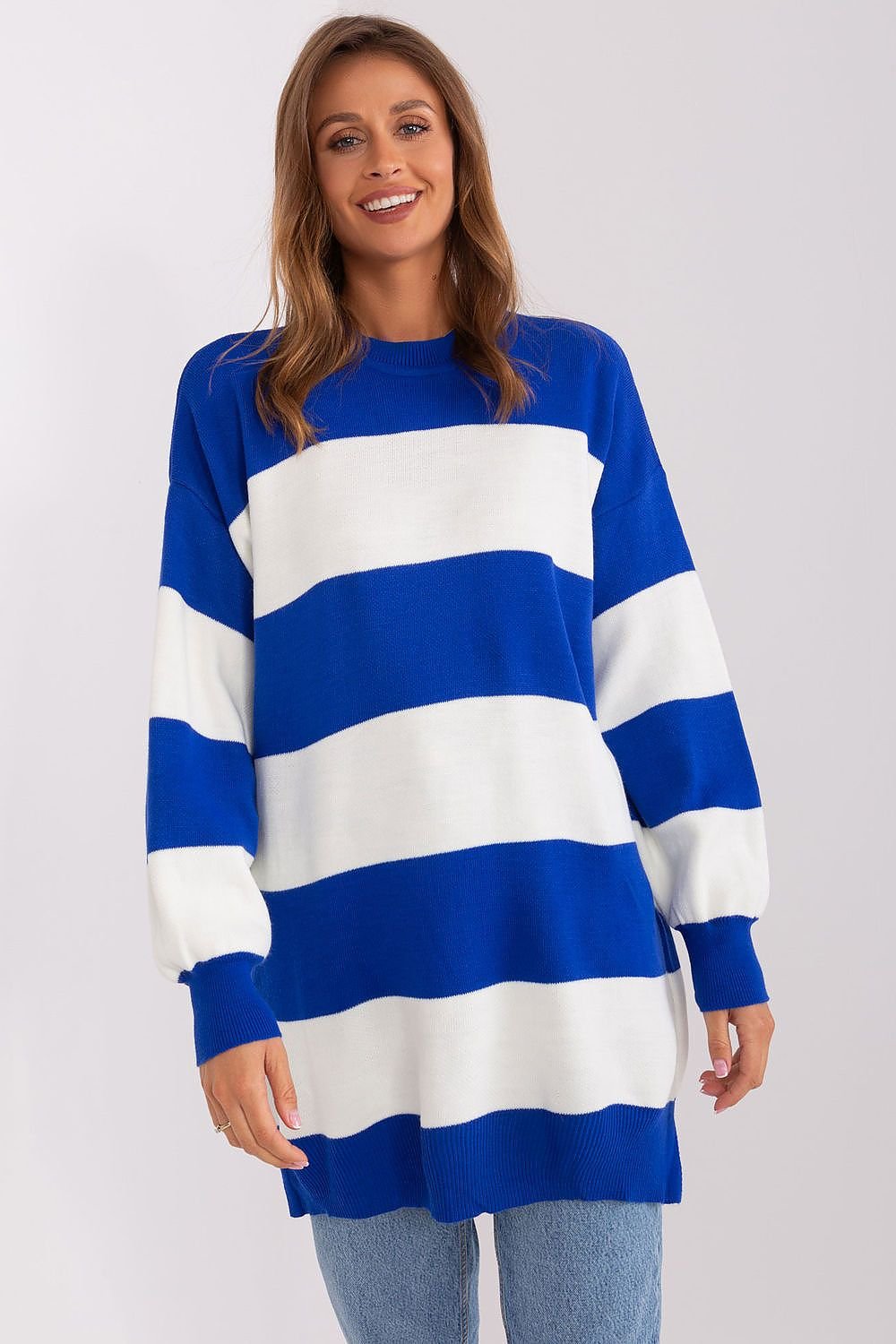 Cozy and stylish long sweater with wide stripes, crafted from soft 100% acrylic for warmth and comfort. Featuring long sleeves and a round neckline, this sweater is perfect for colder days and everyday wear.