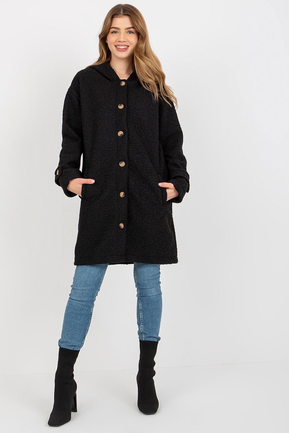 Long Sleeve Plush Hooded Coat with Button Closure