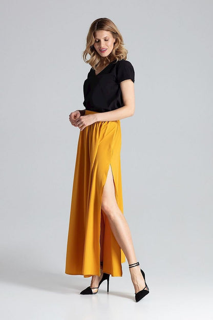 Long Wide Skirt with Side Slits and Waist Crease

