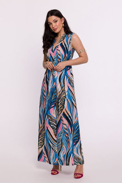 Maxi Summer Dress with V-Neckline, Original Print, Side Slit, and Polish Craftsmanship