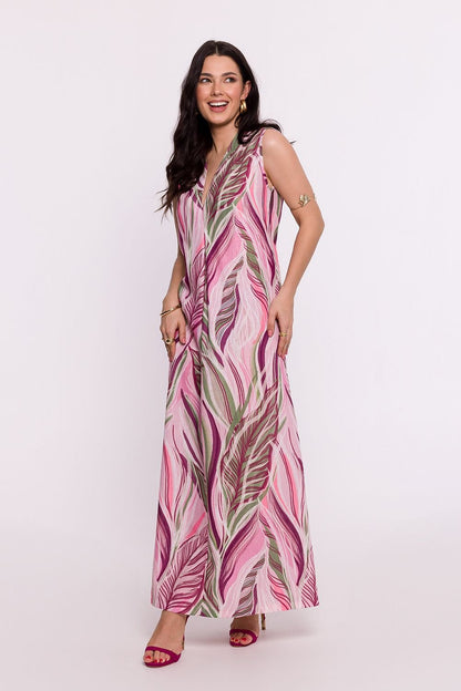 Maxi Summer Dress with V-Neckline, Original Print, Side Slit, and Polish Craftsmanship