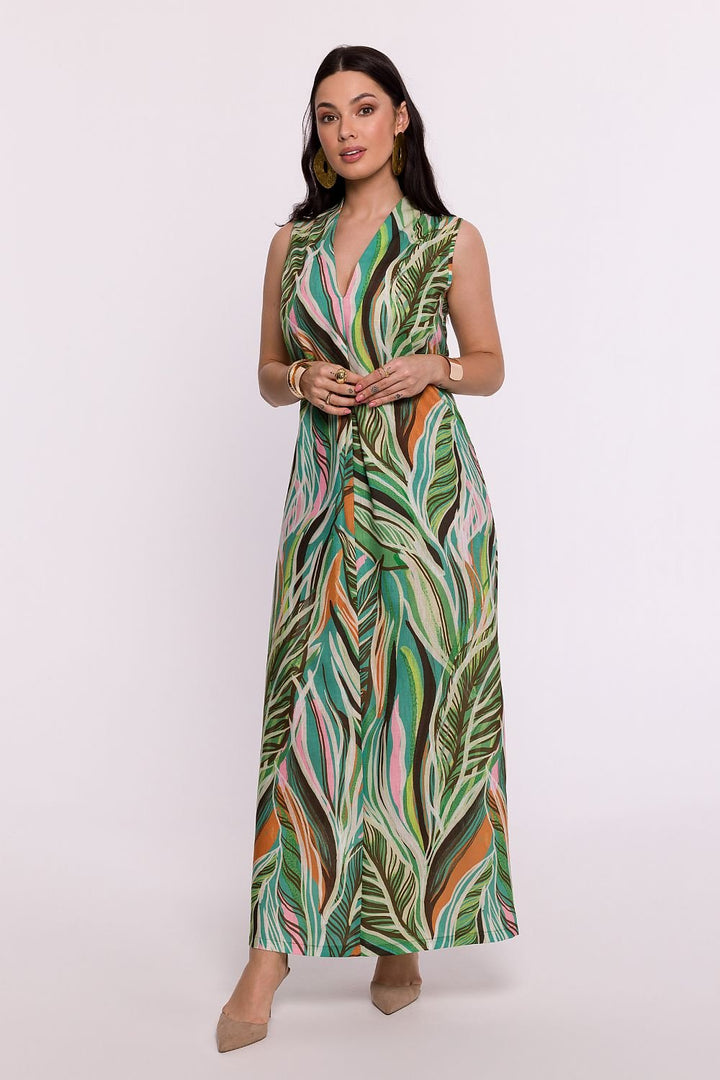 Elegant sleeveless maxi dress with a V-shaped neckline, original print, and side slit, showcasing Polish design craftsmanship with a lightweight, breathable fabric.