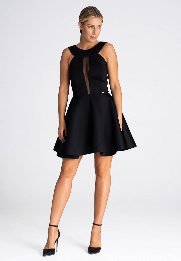 An off-shoulder black dress with a fitted top, sheer vertical neckline insert, a flared skirt, defined waistline, and a concealed back zipper.






