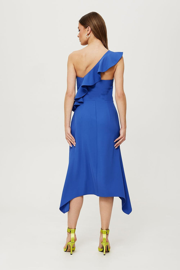 A timeless one-shoulder midi dress featuring a corset top with whalebones for a flattering fit, an elegant ruffle detail, and an envelope skirt for added originality. Designed with a side concealed zipper, it offers lightweight comfort without lining. Perfect for formal and semi-formal occasions, showcasing Polish tailoring craftsmanship.






