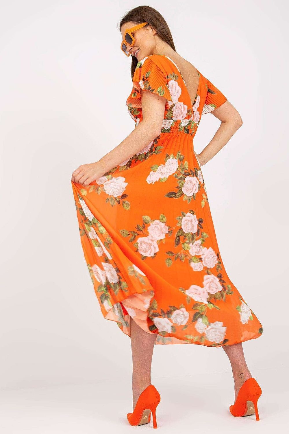 Orange Dress with Roses Print, Frilled Short Sleeves, Envelope Neckline, and Pleated Flared Bottom