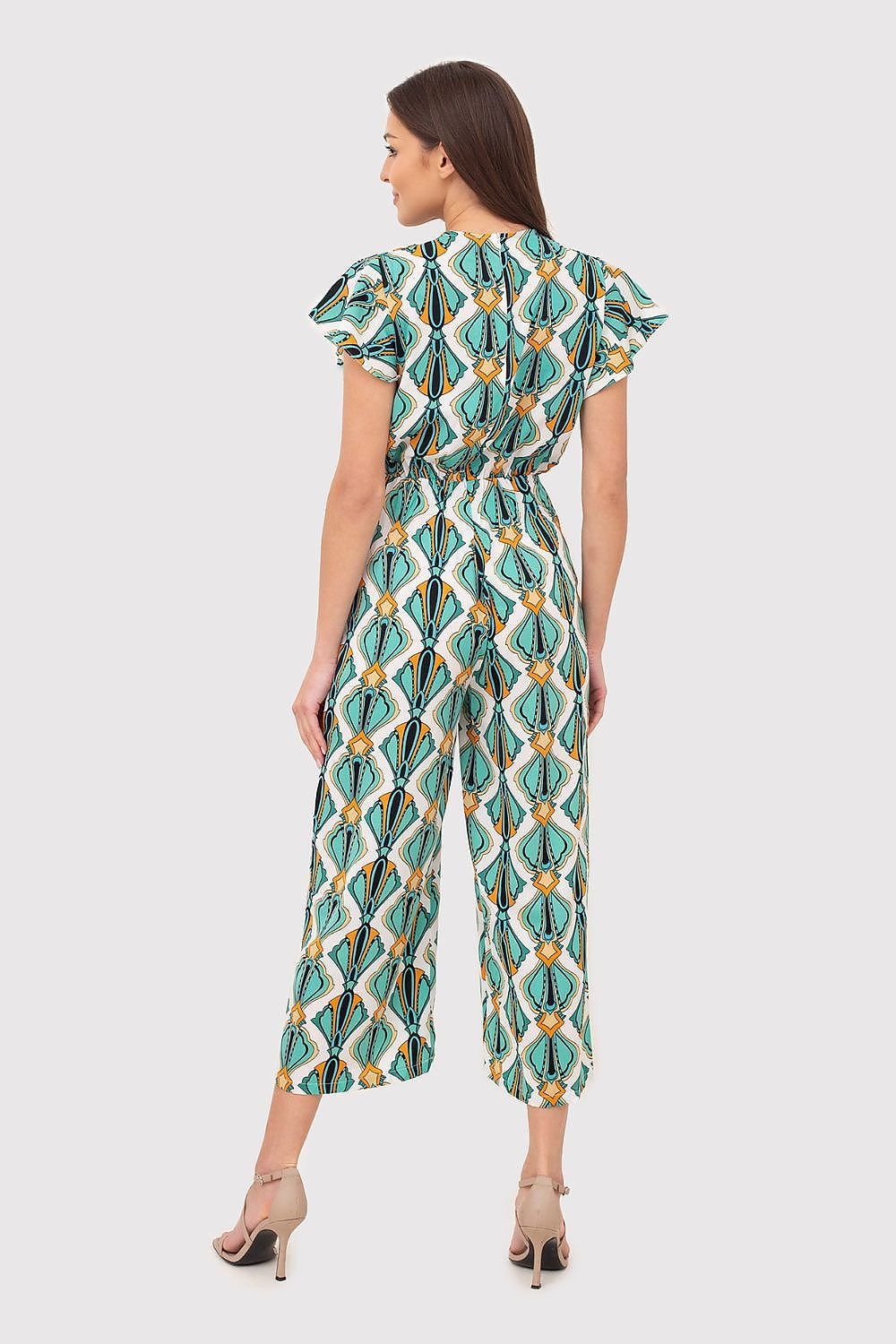 Printed Short-Sleeve Jumpsuit with V-Neck, Elastic Waist, and Culotte Pants

