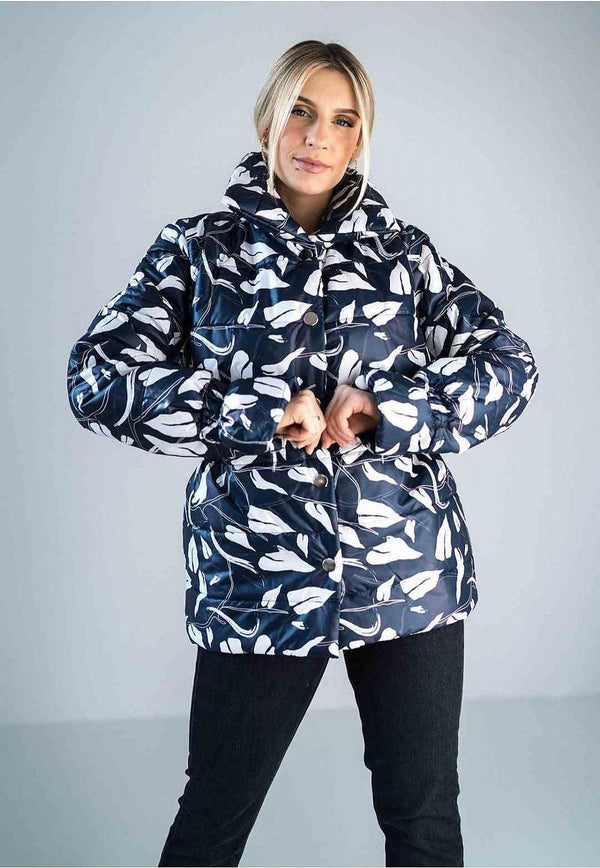 A stylish shiny quilted jacket with a hip-length design, high collar, and elastic details at the waist and sleeves. Features press stud fastening, slip pockets, and insulated lining for added warmth and comfort.
