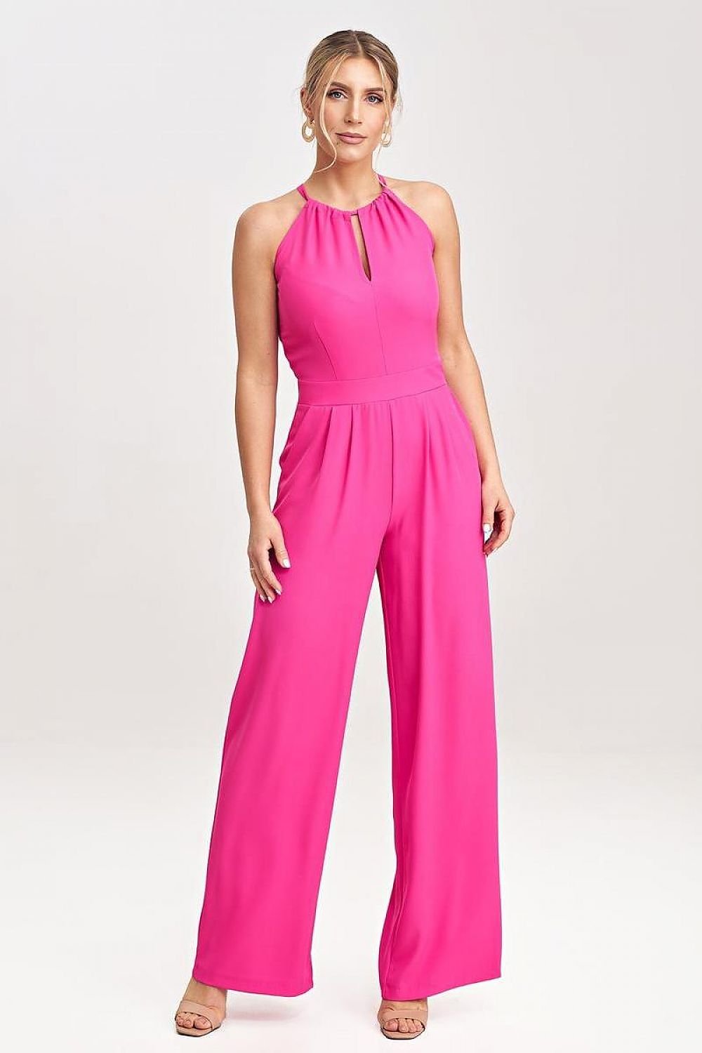 Sleeveless Jumpsuit with Wide Legs, Tied Neck, and Back Zip Closure