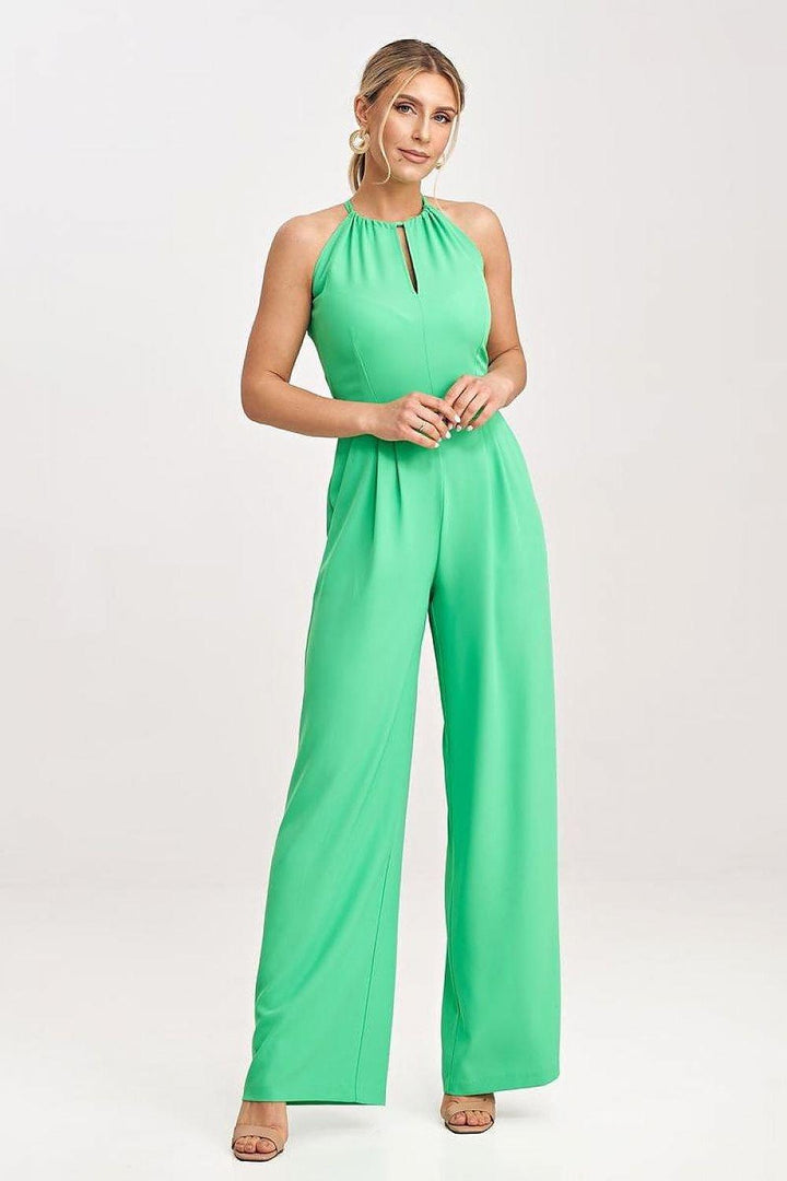 Stylish sleeveless jumpsuit with long, wide legs, a semicircular neckline with a slit, tied neck, and back zip closure, featuring slip pockets for added practicality.
