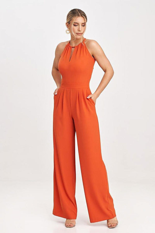 Stylish sleeveless jumpsuit with long, wide legs, a semicircular neckline with a slit, tied neck, and back zip closure, featuring slip pockets for added practicality.