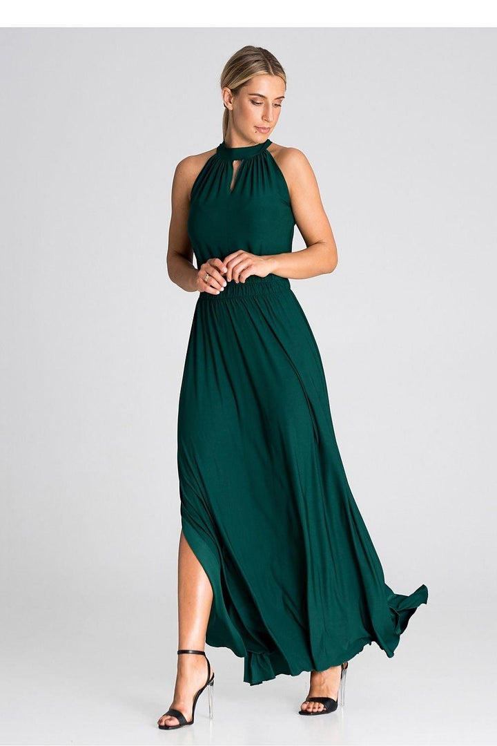 Elegant Sleeveless Maxi Dress with Pearl Clasp and Side Slits - Ludowika 