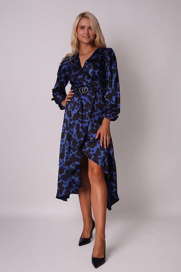 A cobalt-black midi dress featuring an envelope front, long sleeves with elastic cuffs, a belt with a gold buckle, and a concealed back zipper. Perfectly pairs with gold stilettos and accessories for an elegant look.






